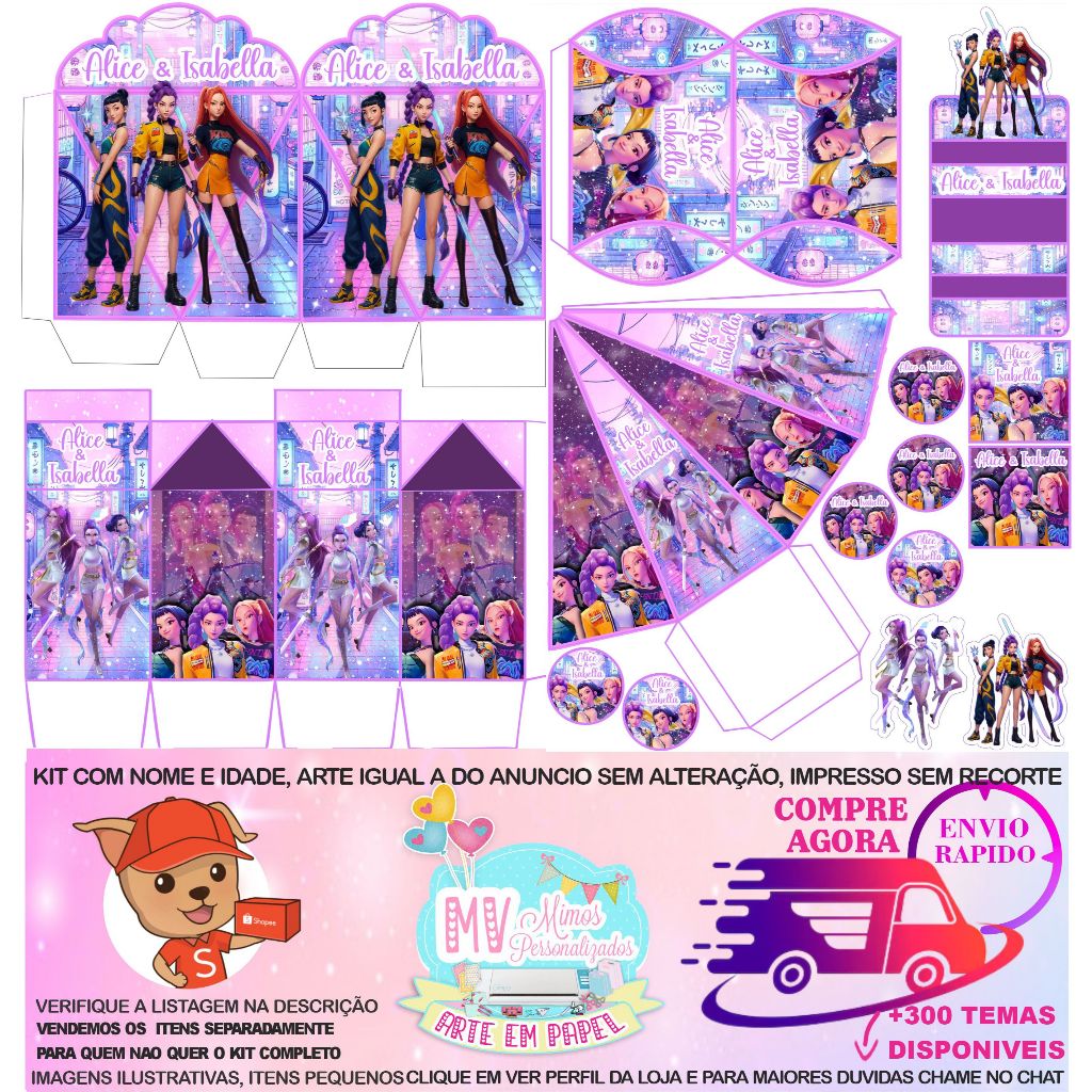 160 ITENS KIT FESTA GUERREIRAS DO KPOP COM NOME E IDADE LEMBRANCINHAS PERSONALIZADAS
