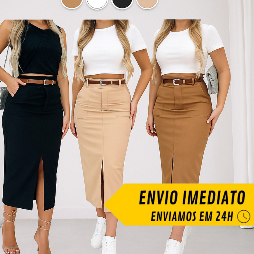 Saia Midi Alfaiataria Com Cinto Feminino Fenda e Bolsos Frontais Sofisticação e Versatilidade em Uma Só Peça. em Oferta na Shopee