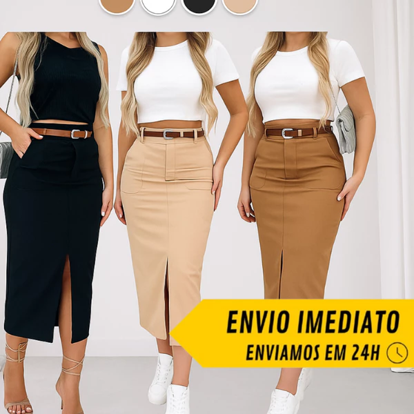 Saia Midi Alfaiataria Com Cinto Feminino Fenda e Bolsos Frontais Sofisticação e Versatilidade em Uma Só Peça.