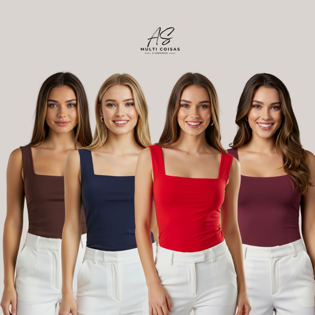 KIT COM 4 REGATA COM DECOTE QUADRADO E ALÇA LARGA FORRO DUPLO FRONTAL FACULDADE TRABALHO DIA A DIA em Oferta na Shopee