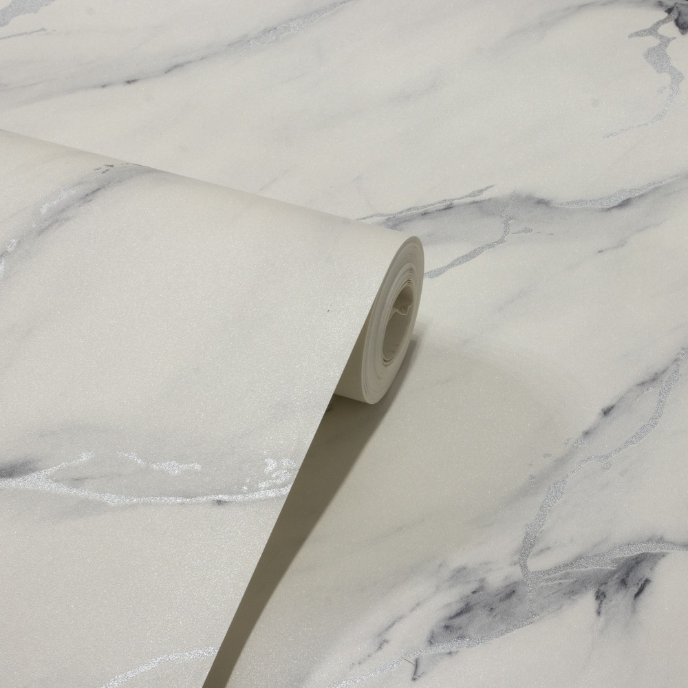 Papel De Parede Tipo Mármore Carrara Off White Cinza Prata
