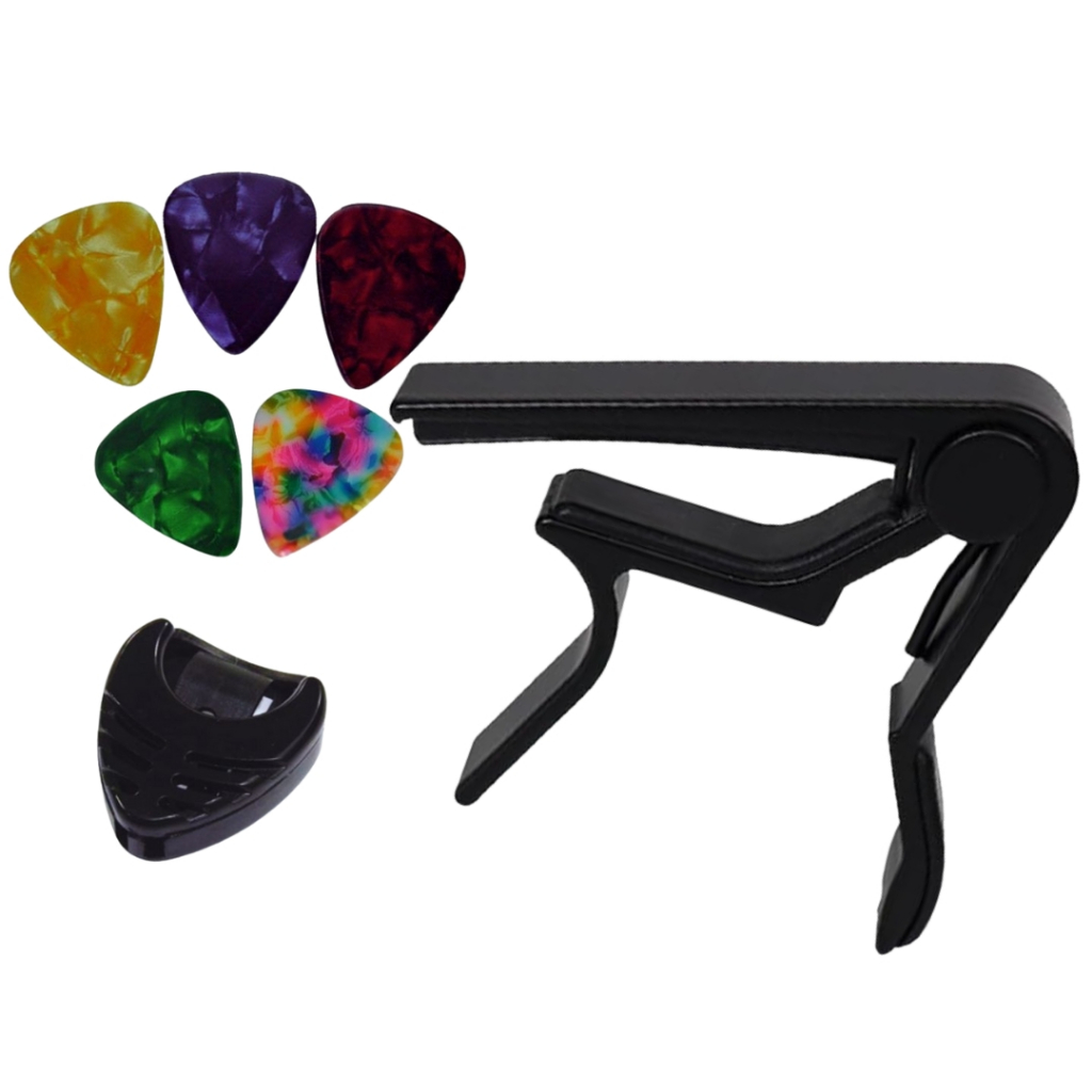 Capotraste Pestana Braçadeira Violão Guitarra Ukulele NV+ Porta Palhetas+ 5 Palhetas · foto 2