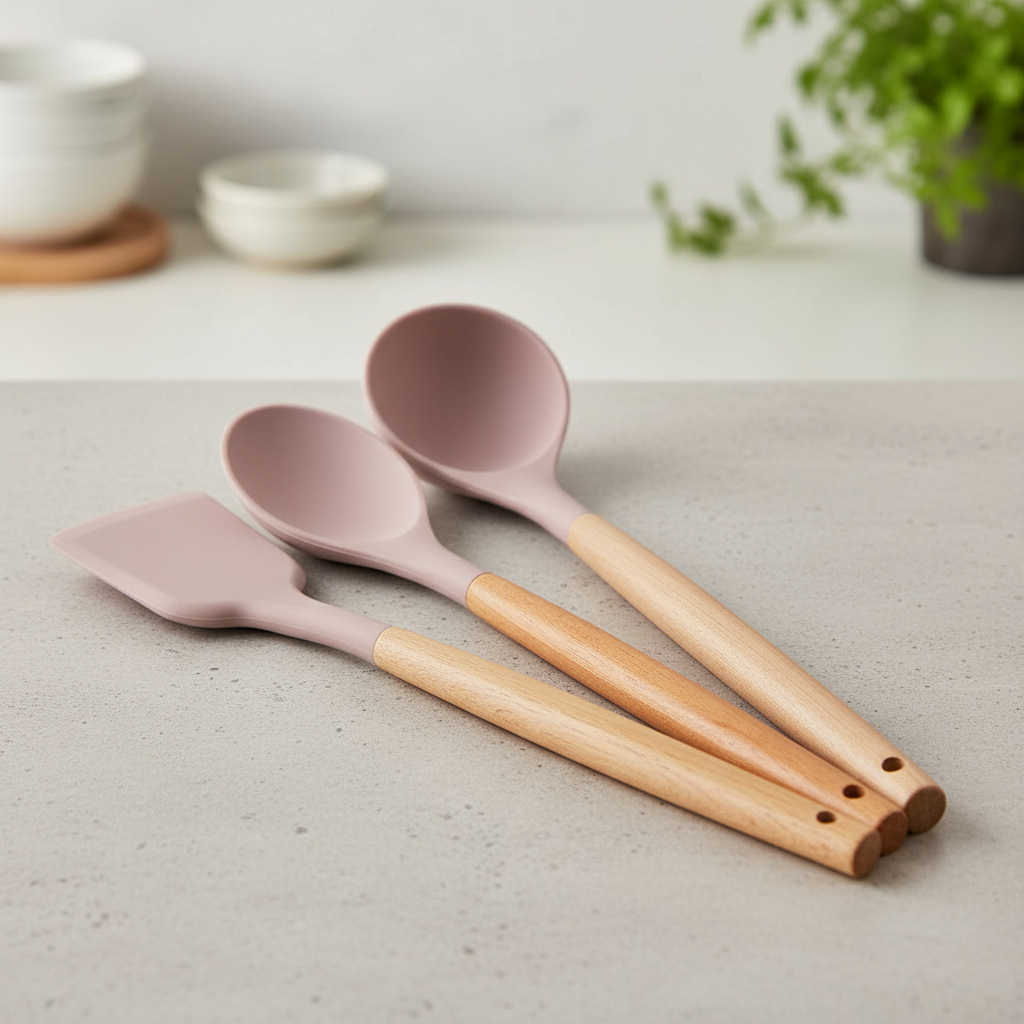 Kit de Utensílios para Cozinha em Silicone Rosa 3 peças