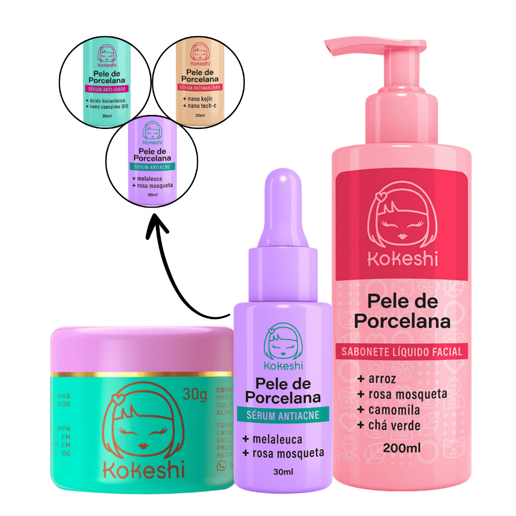 KIt Skin Care pele de porcelana kokeshi Creme Sabonete e sérum antiacne anti-idade ou antimanchas em Oferta na Shopee