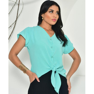 Blusa feminina Duna manga curta com botão funcional e amarração na frente moda casual em Oferta na Shopee