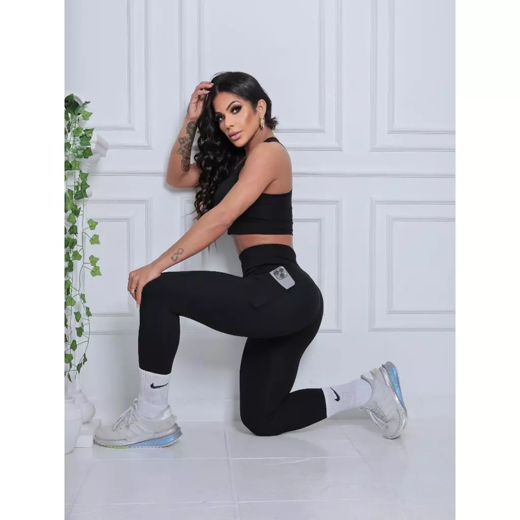 Legging com bolso de poliamida feminina cintura alta Zero Transparência fitness academia — imagem 1