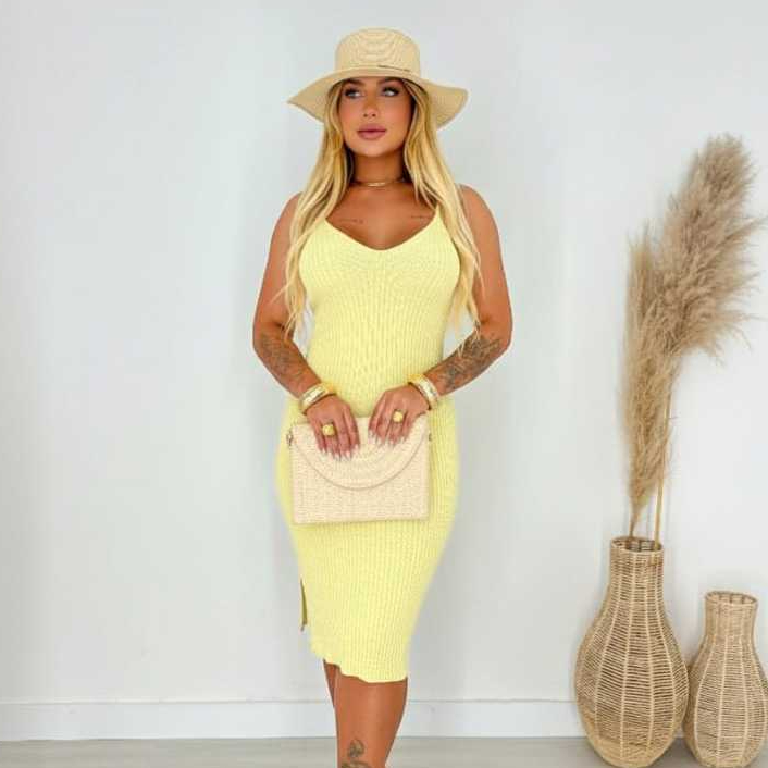 Vestido Feminino Decote V Canelado Midi Tricot Modal Premium Fenda Lateral Casual Moda Verão em Oferta na Shopee