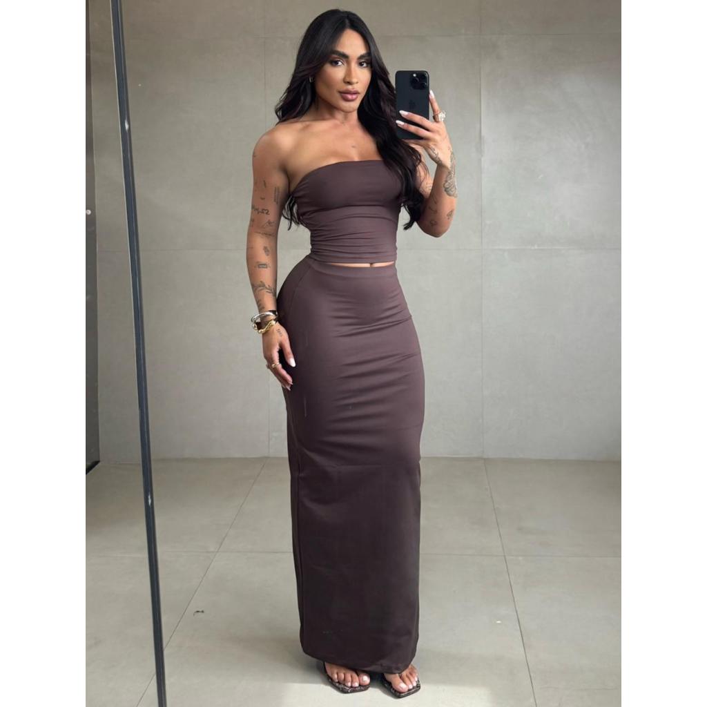 Conjunto Cropped Tomara que Caia + Saia Midi com Fenda em Suplex Feminino.