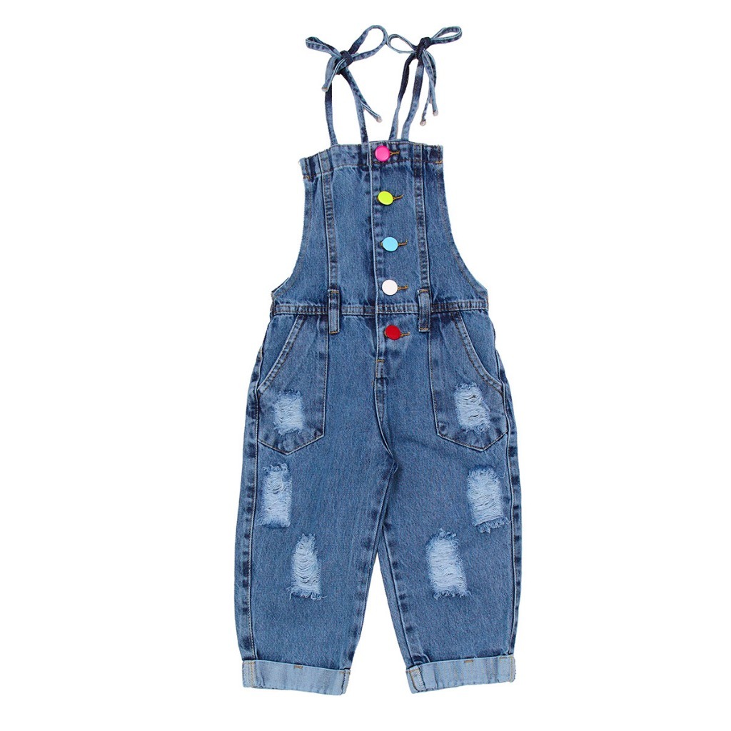 Jardineira Macaquinho Jeans C/ Botão Feminina Infantil Juvenil LONGA