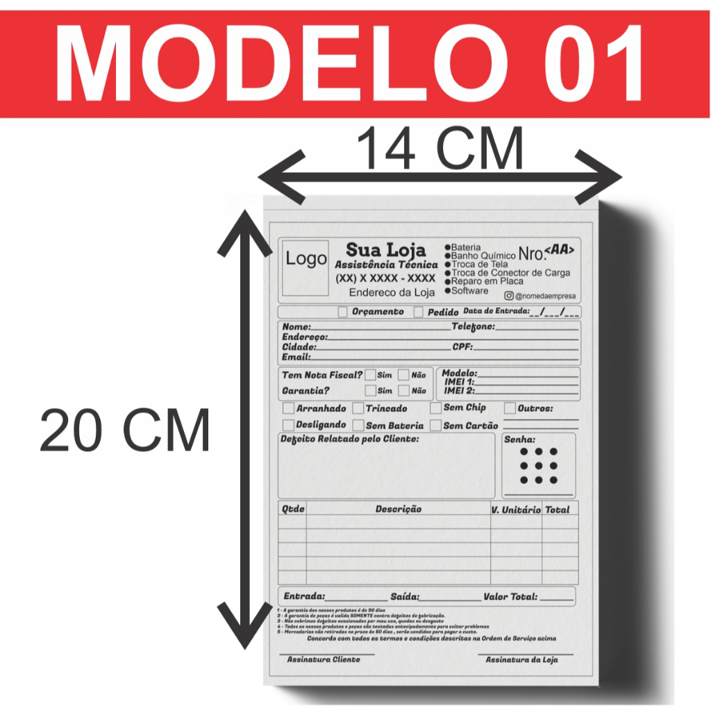 Bloco Pedido e Ordem de Serviço Celular Personalizado Assistência Técnica 14x20cm