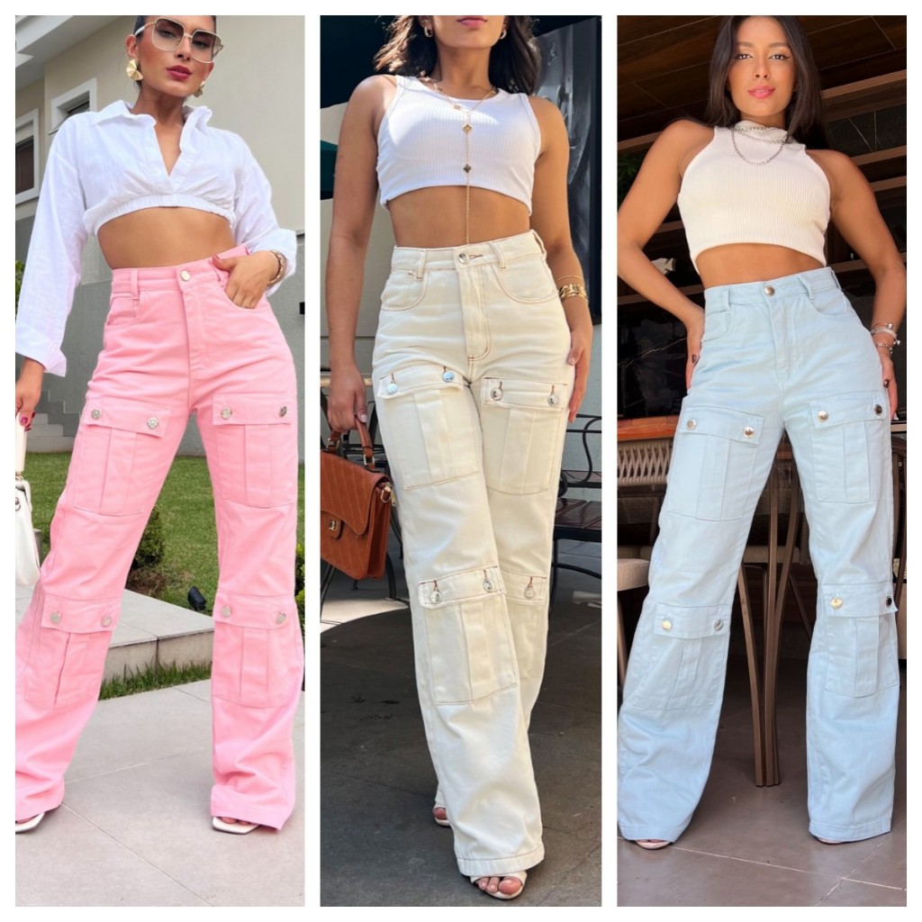 Calça Jeans Cargo FEMININA de mais bolso / wide leg /Colorida /Pantalona Feminina Moda Street  Tecido Algodão Premium em Oferta na Shopee