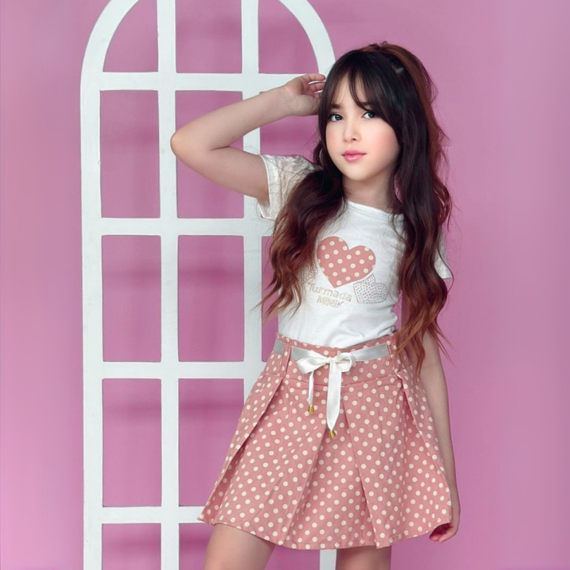 Conjunto Menina Poá 3 Corações Moda Blogueirinha 2/4/6/8/10 Anos