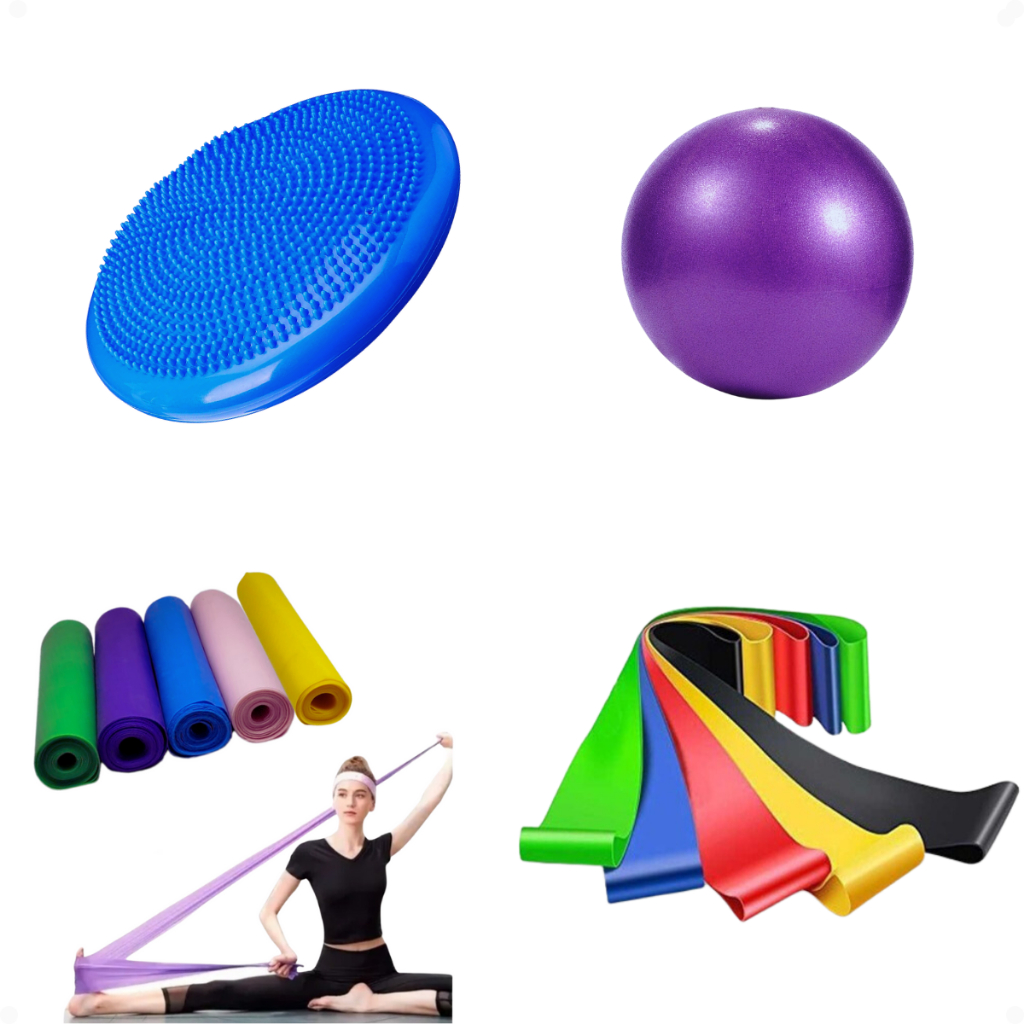 Kit Bola de Pilates 25 cm + Disco de Equilibrio + Faixa Elástica + Mini Band Pilates Fisioterapia