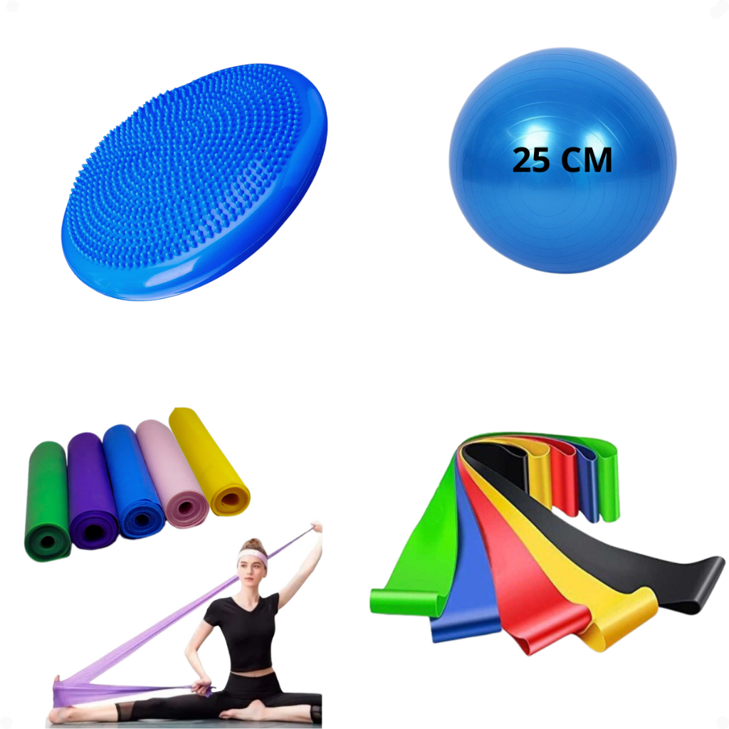 Kit Disco de Equilibrio + Bola de Pilates 25 cm + Mini Band + Faixa Elástica Academia Treino