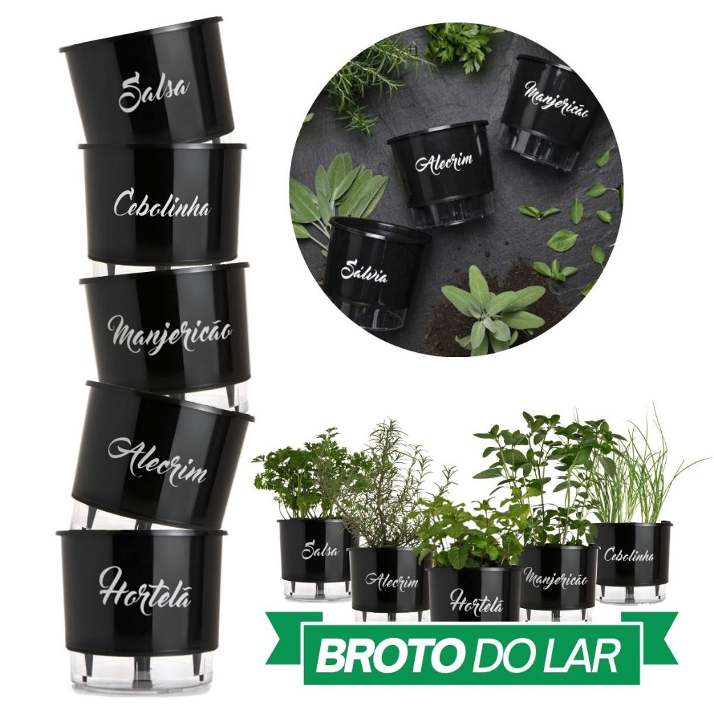 Vaso Autoirrigavel nº03 Gourmet Preto P/ Tempero Salsa Cebolinha Manjericão Alecrim Hortelã Orégano Vasos Auto Irrigável
