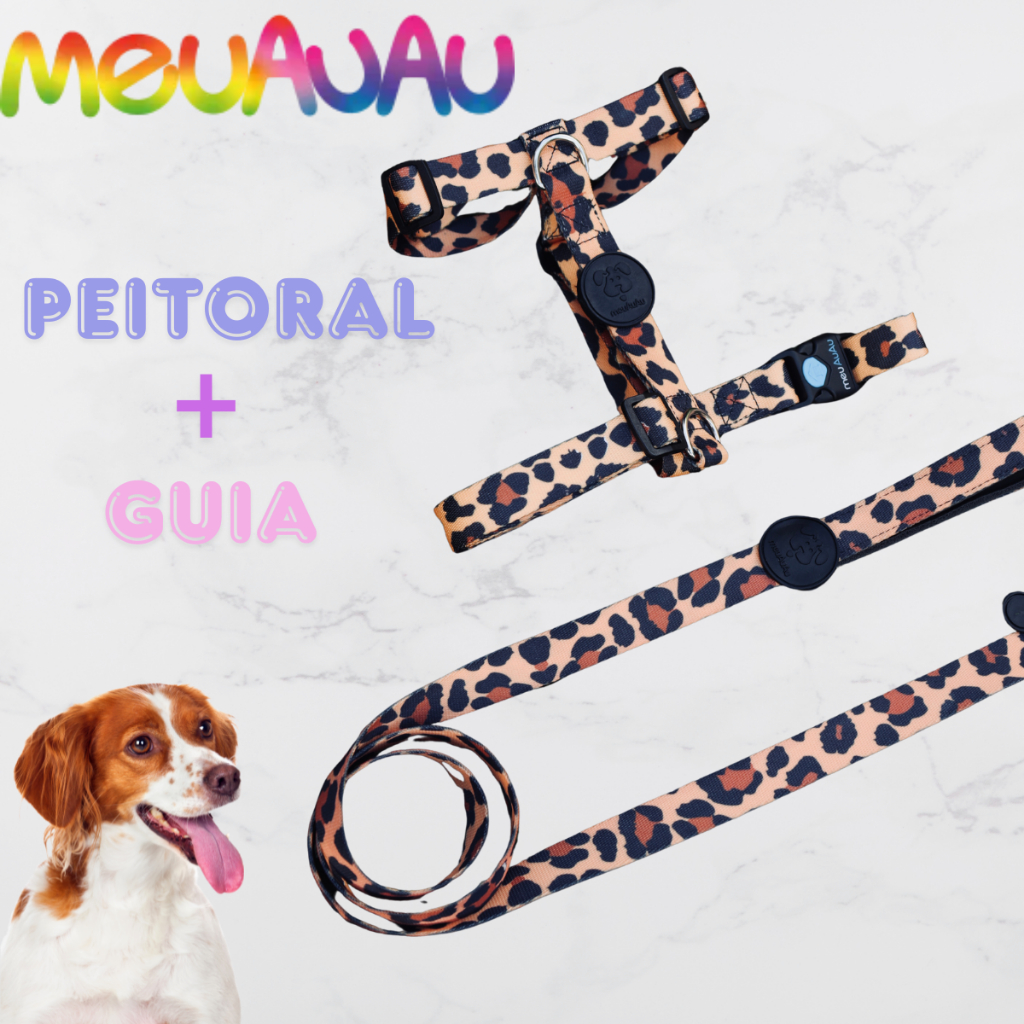 Peitoral + Guia meuAuAu  cães cachorro tamanho P, M, G Coleira York UG Shitzu Bulldog Golden Border