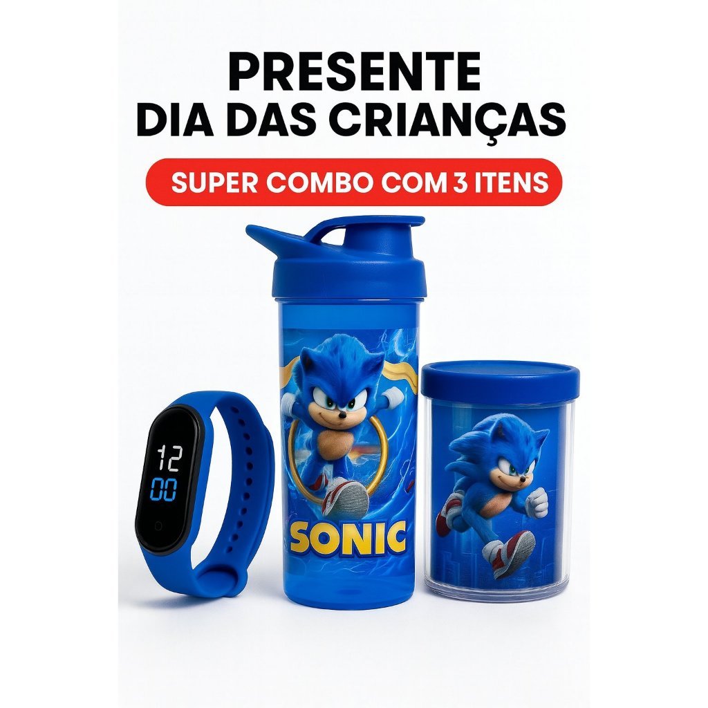 Presente SONIC - Garrafa Copo e Relógio Digital + Nome Personalizado PRESENTE ANIVERSÁRIO ESCOLA em Oferta na Shopee