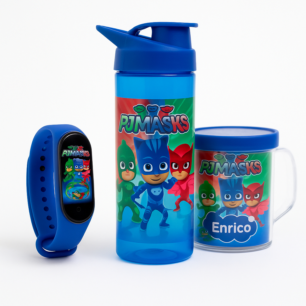 Presente Pj Mask - Garrafa Copo e Relógio Digital + Nome Personalizado PRESENTE ANIVERSÁRIO ESCOLA em Oferta na Shopee