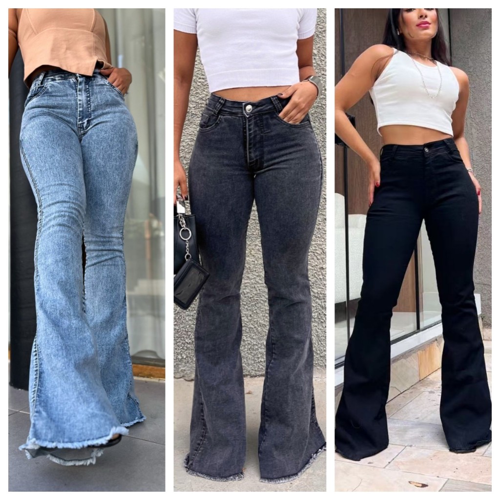 Calça Jeans Calça Flare cintura alto Com elastano em Oferta na Shopee