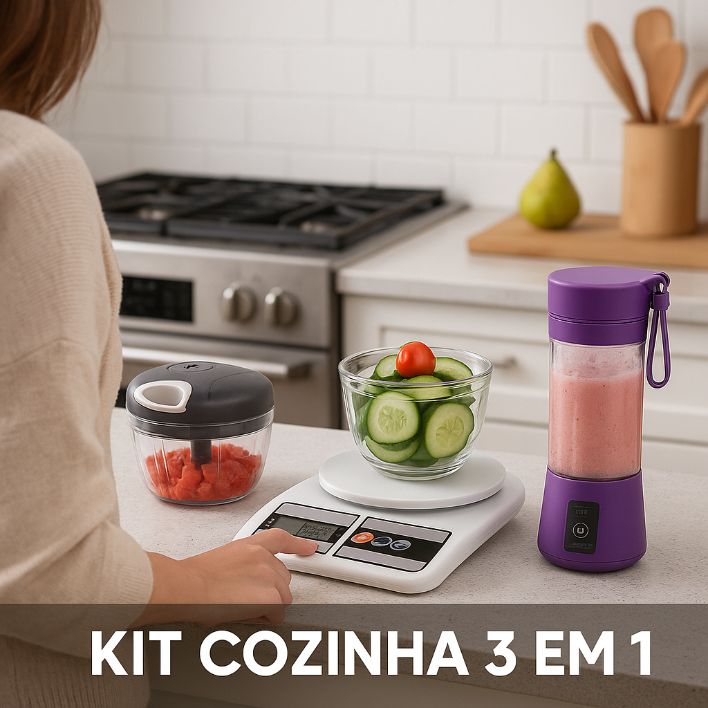 Kit Cozinha 3 em 1 Balança Digital + Processador Manual + Mini Liquidificador Portátil