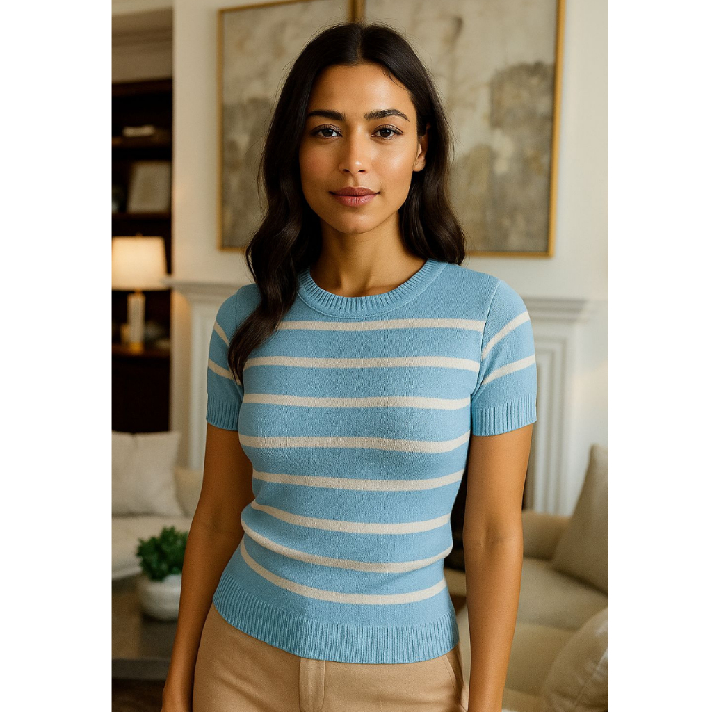 Blusa Feminina Modal Listrada Casual Manga Curta Fresquinha Leve Versátil Elegante Moda Tendência