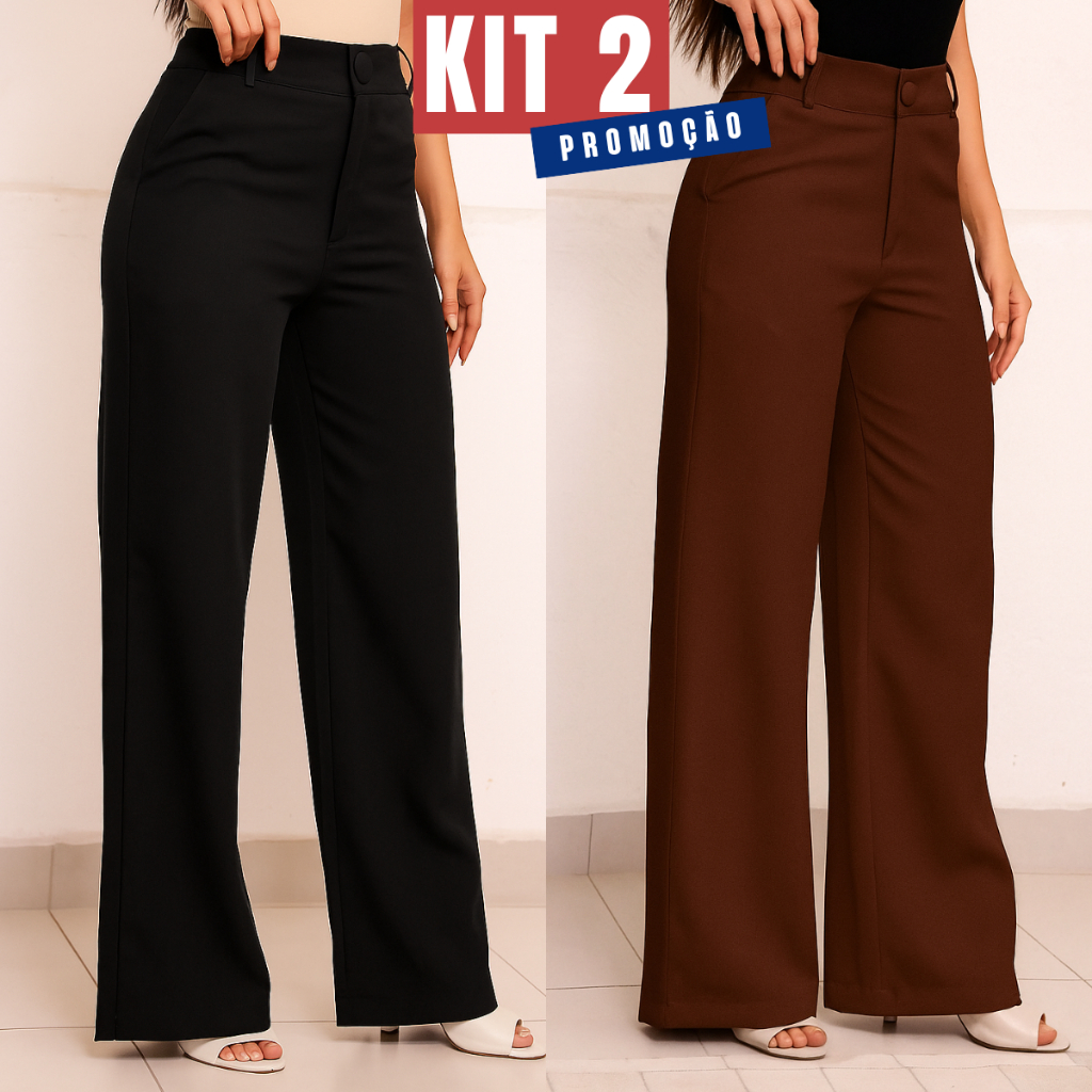 Kit 2 Calça Pantalona Alfaiataria Premium Social Wide Leg Top Cintura Alta Com Bolso Promoção