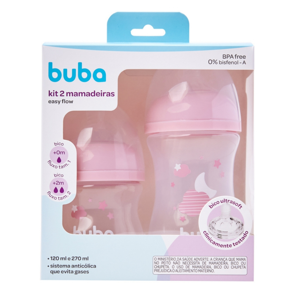 Kit 2 Mamadeira Buba 120ml e 270 ml Anticólica Menino e Menina Pequena Recém Nascido e 2 meses