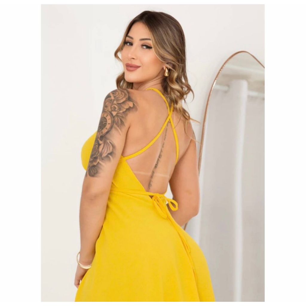Vestido Envelope Alcinha Sem Bojo Soltinho Costa Nua Com Bicos Nas Laterais