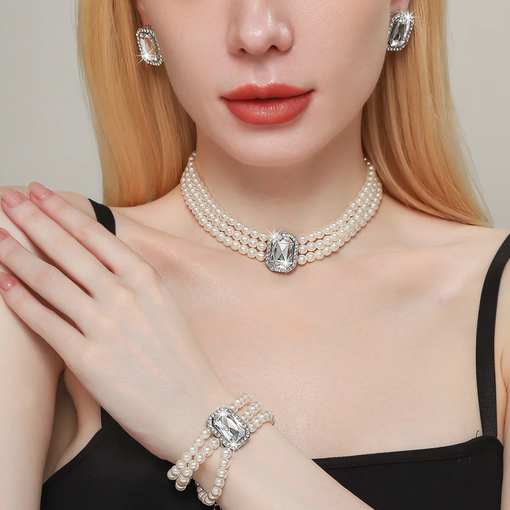 Kit Conjunto de Joias Femininas Pérola Luxo Colar Brincos Pulseira Festa Casamento Noiva Presente Elegante Semi Joias