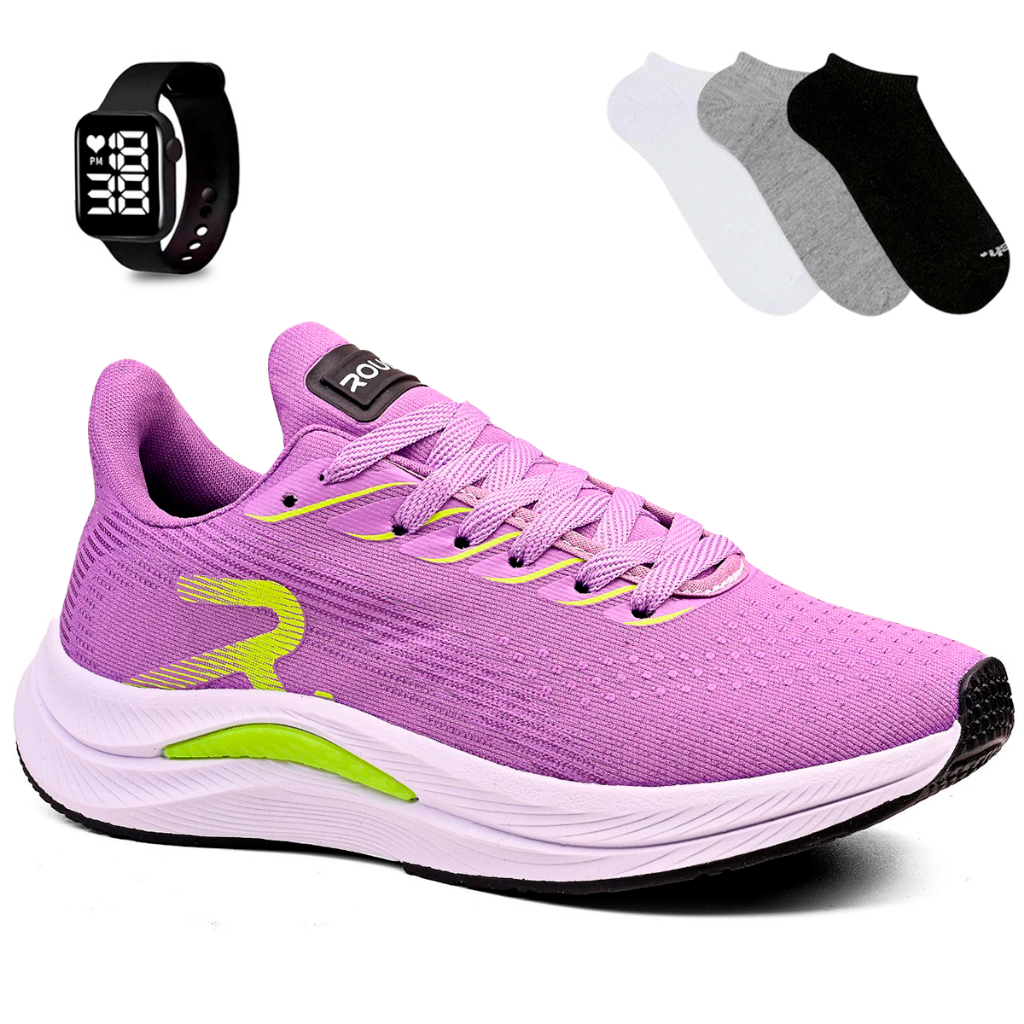 Kit Tênis Feminino Rouder Lilás Esportivo De Academia + Relógio + 1 Par De Meia