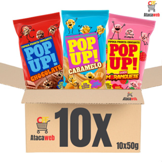 Pipoca Pop Up Gourmet Chocolate, Caramelo, Moranguete – 10 Pacotes de 50g | Pipoca Pronta Crocante em Oferta na Shopee
