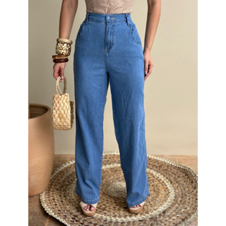 PANTALONA CALÇA FEMININA WIDE LEG JEANS CLARA CINTURA ALTA COM ELÁSTICO NA CINTURAE COS em Oferta na Shopee