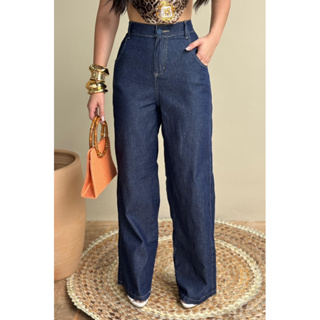 PANTALONA CALÇA FEMININA WIDE LEG JEANS ESCURO CINTURA ALTA COM ELASTICO E COS em Oferta na Shopee