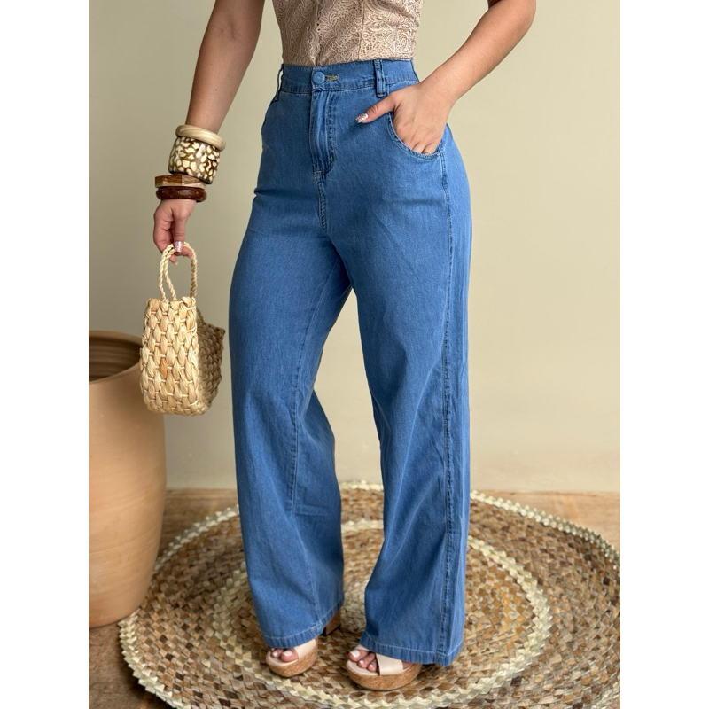 PANTALONA CALÇA FEMININA WIDE LEG JEANS CLARA CINTURA ALTA COM ELÁSTICO E COS NA CINTURA