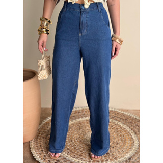 PANTALONA CALÇA FEMININA WIDE LEG JEANS MEDIO CINTURA ALTA COM ELASTICOE COS em Oferta na Shopee