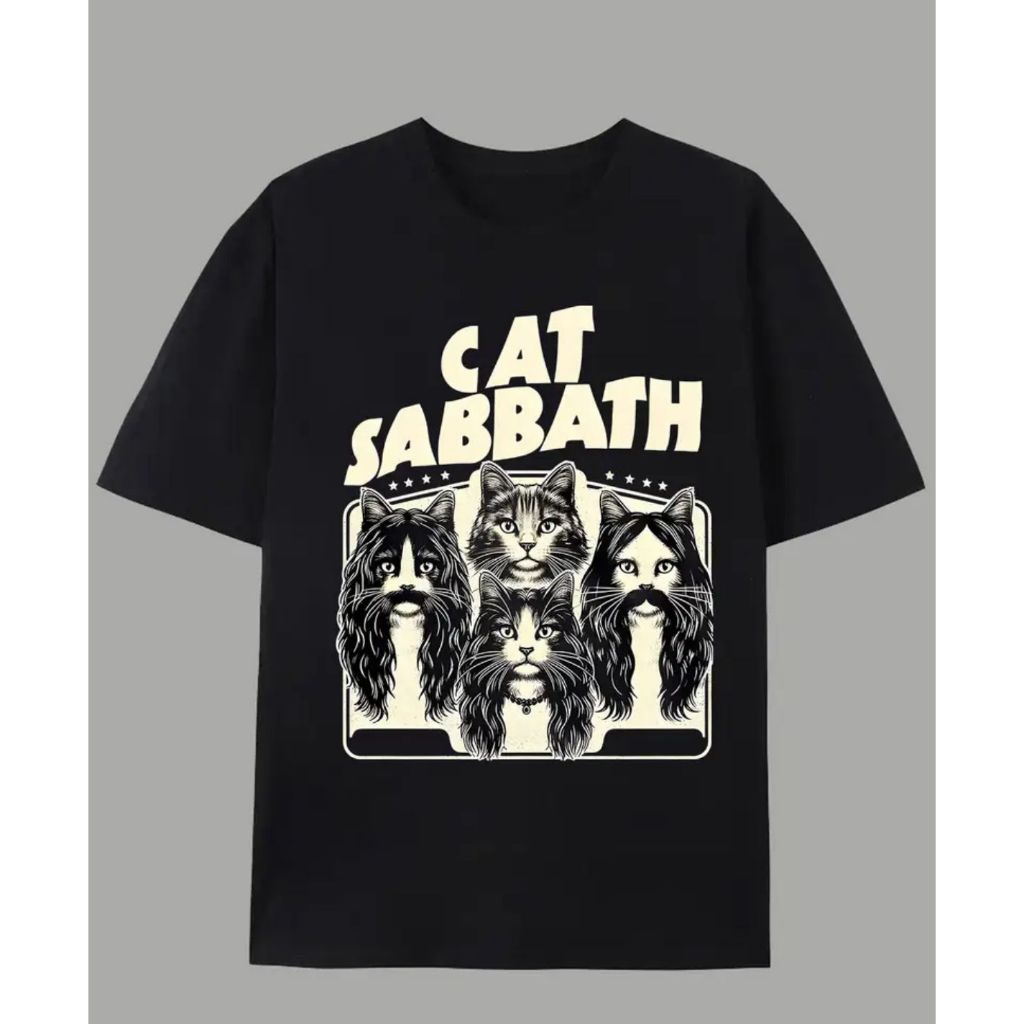 Camiseta Estampada Gato Rock Divertida Moda Streetwear Unissex Estilo Banda Vintage