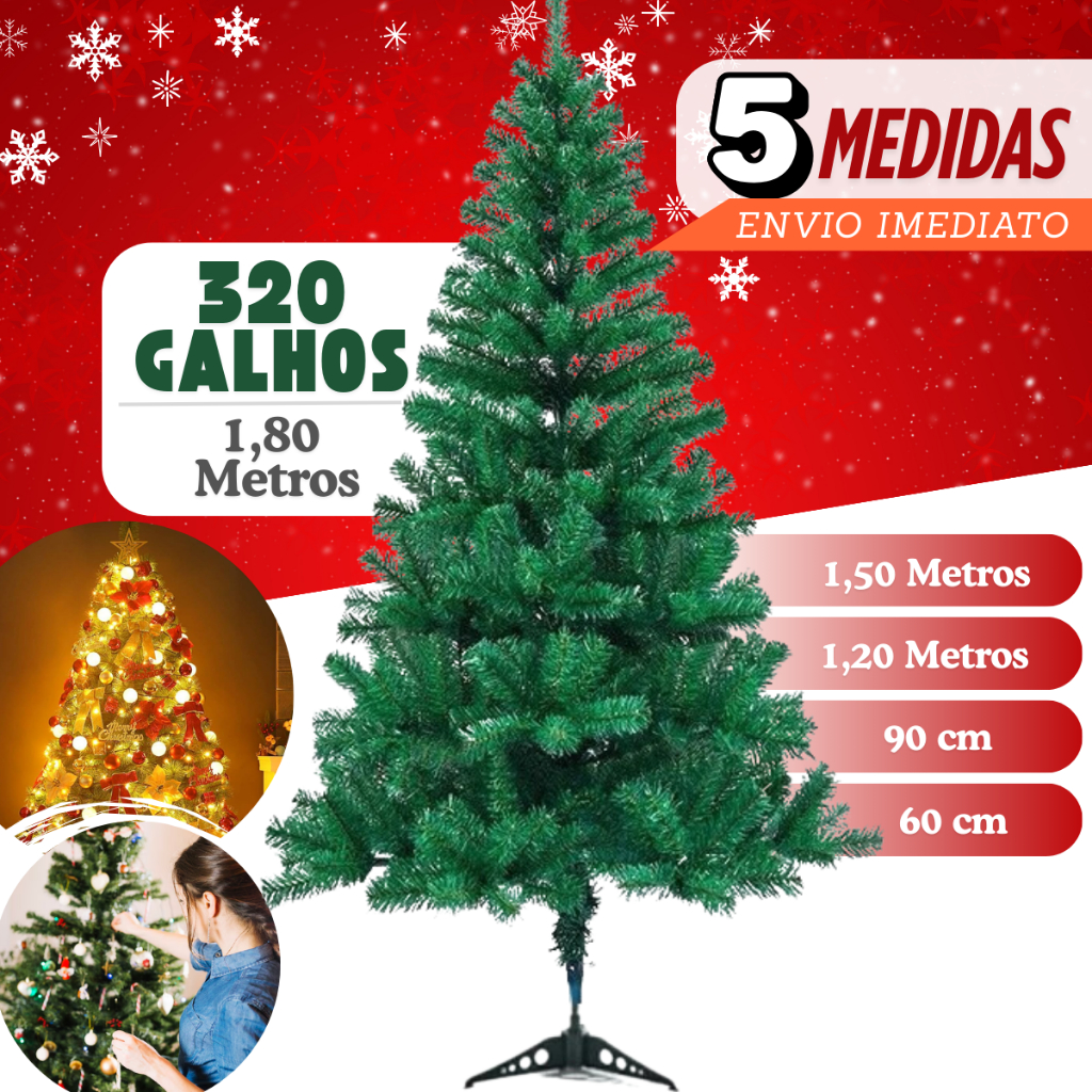 Arvore Natal Grande Pinheiro Decoração Natal 120cm 150cm 180cm 210cm Até 450Galhos Verde/Nevada