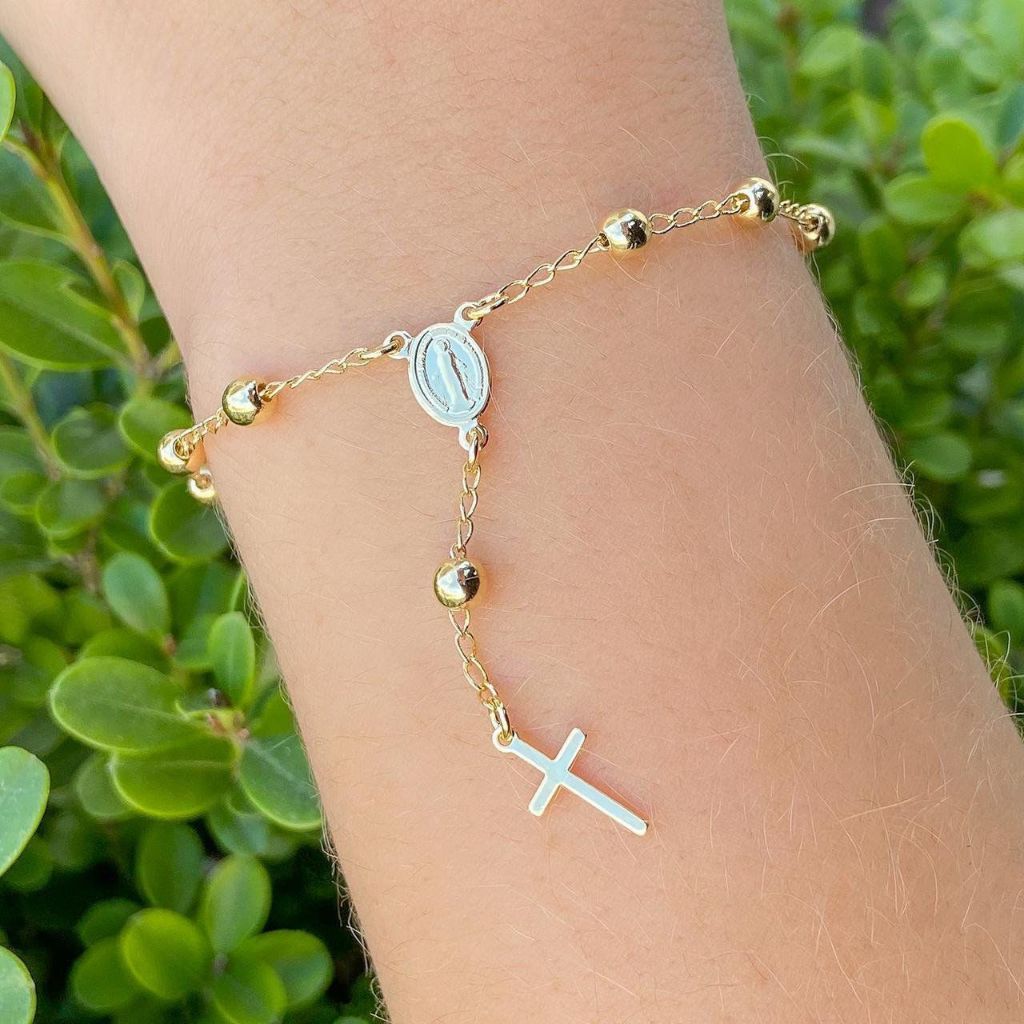 Pulseira Terço Nossa Senhora Semi Joia Delicada Banhada Ouro 18k A Prata 925 em Oferta na Shopee