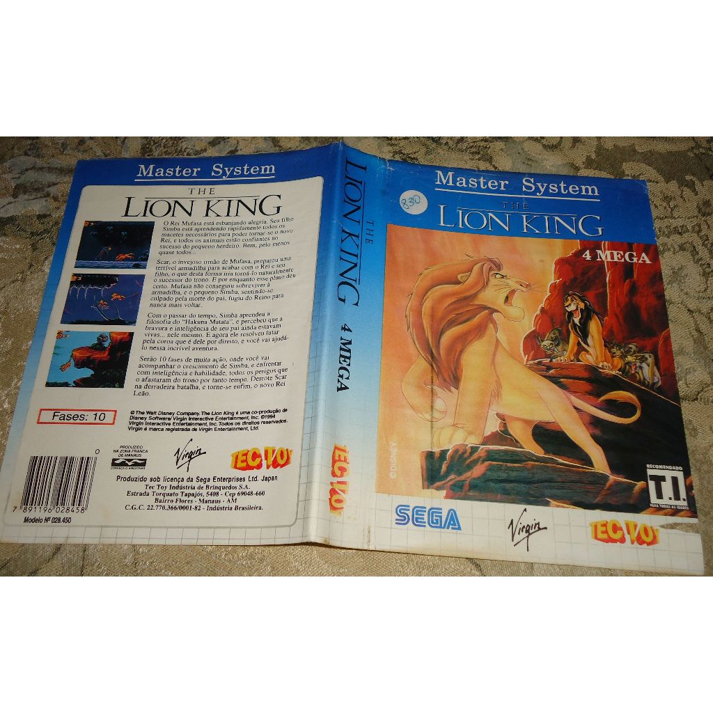 Encarte Capa The Lion King Original Tec Toy Master System