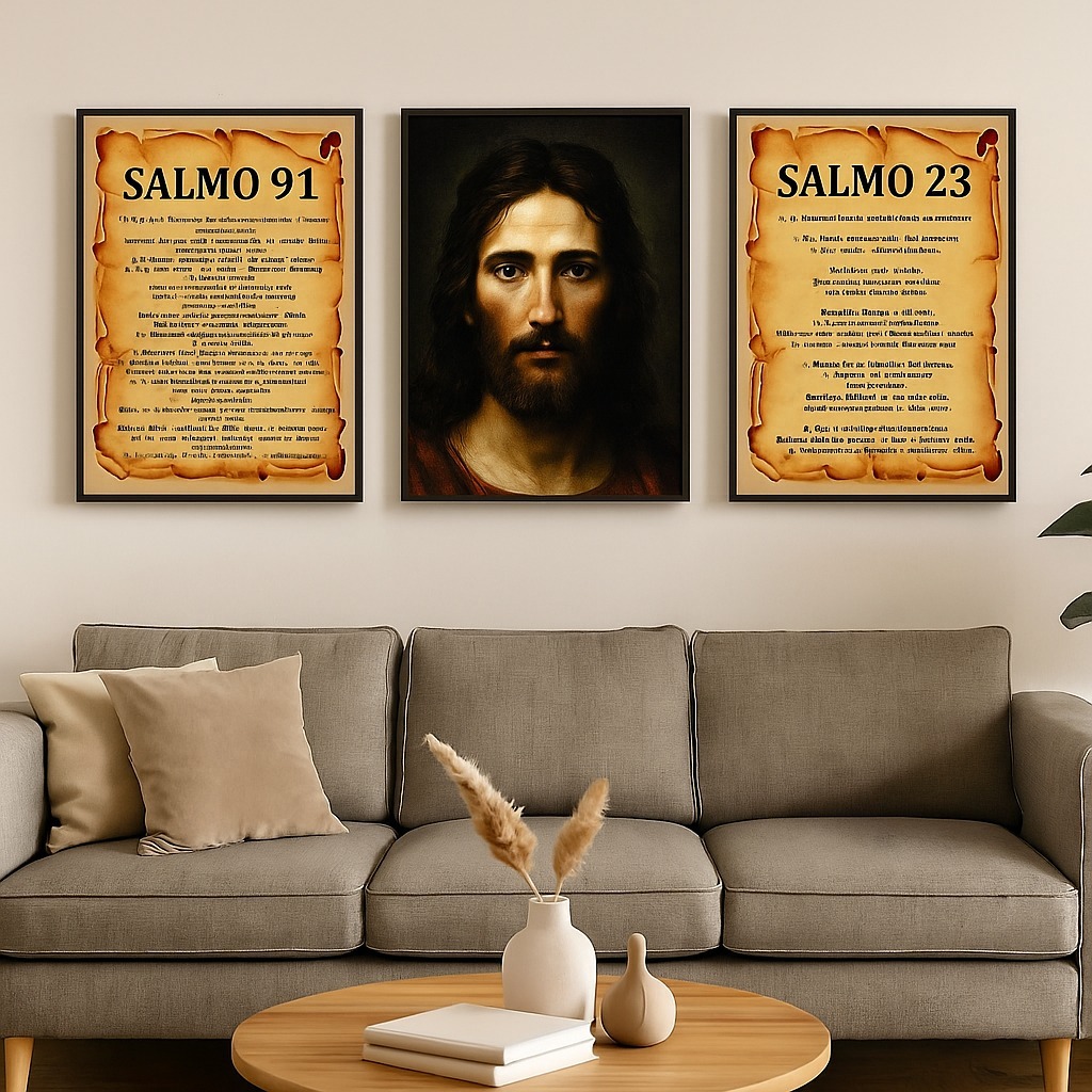 Kit 3 Quadros Jesus Salmo 91 23 Bíblia Fé Religioso Moderno Decorativo Sala Quarto, Religioso Jesus