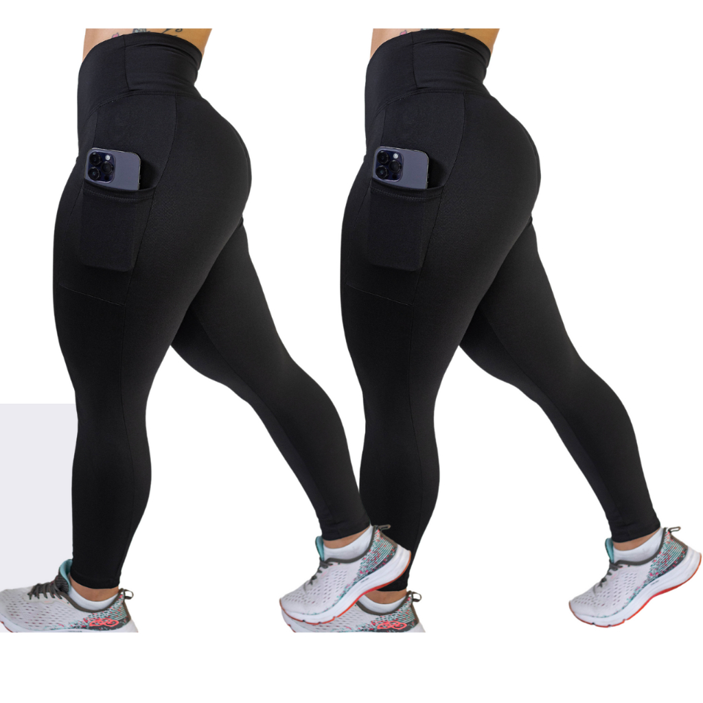 Kit 2 Calças C/ Bolso Cós Alto Costura Reforçada Corrida Fitness Academia
