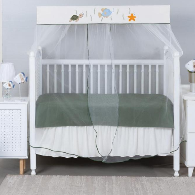 Mosquiteiro Para Berço Americano Menino e Menina FUNDO DO MAR Verde - Bando Bordado + Tule Delicado