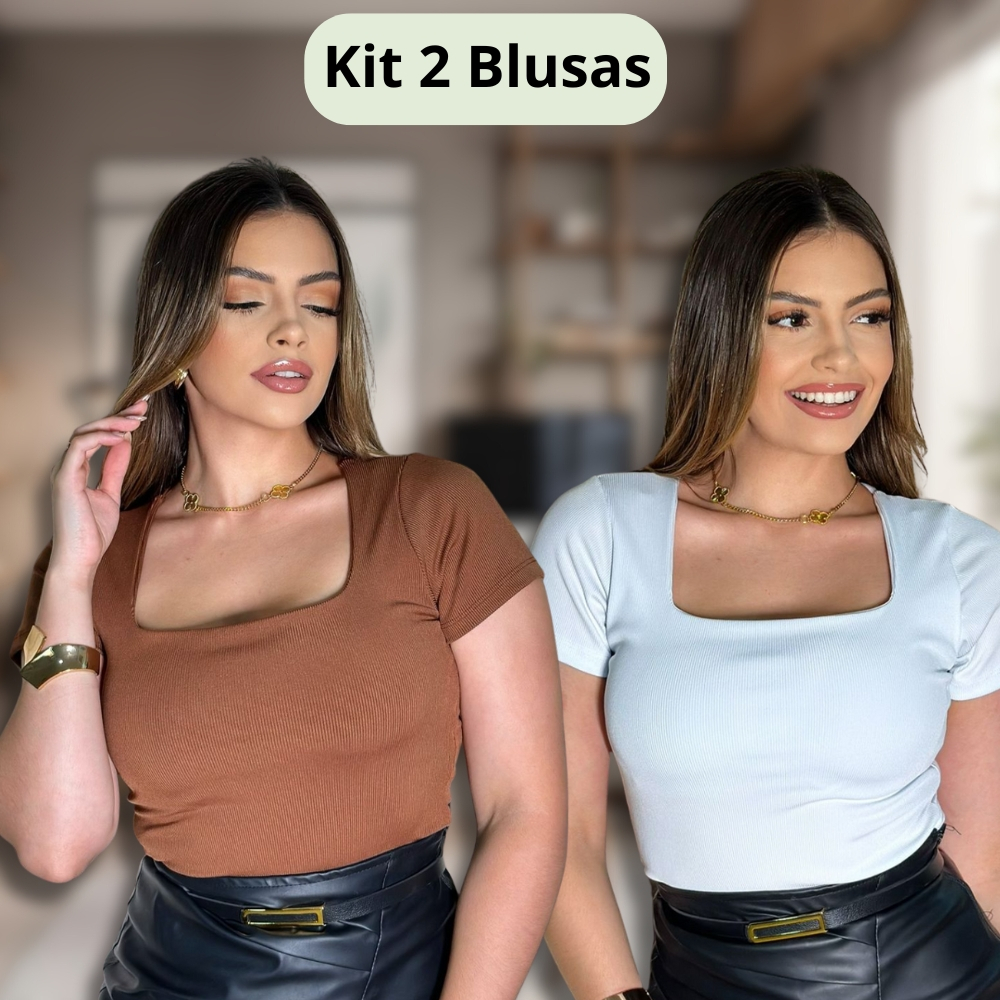 Kit 2 Blusas Feminina Canelada Listrada Gola Quadrada Manga Curta Blusinha Casual Elegante Dia a Dia