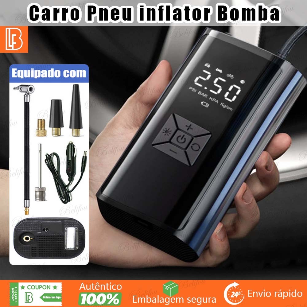 Bomba de Ar Elétrica Portátil 6000mAh para Carros – 150 PSI com Medidor Digital de Pressão