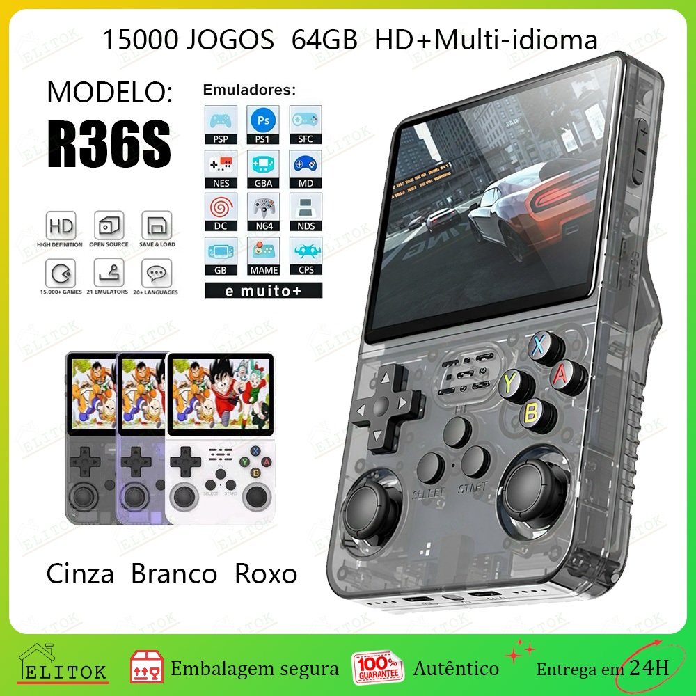 Console Portátil R36S + de 15.000 Jogos Vídeo Game 64g Linux Tela IPS 3.5 Polegadas