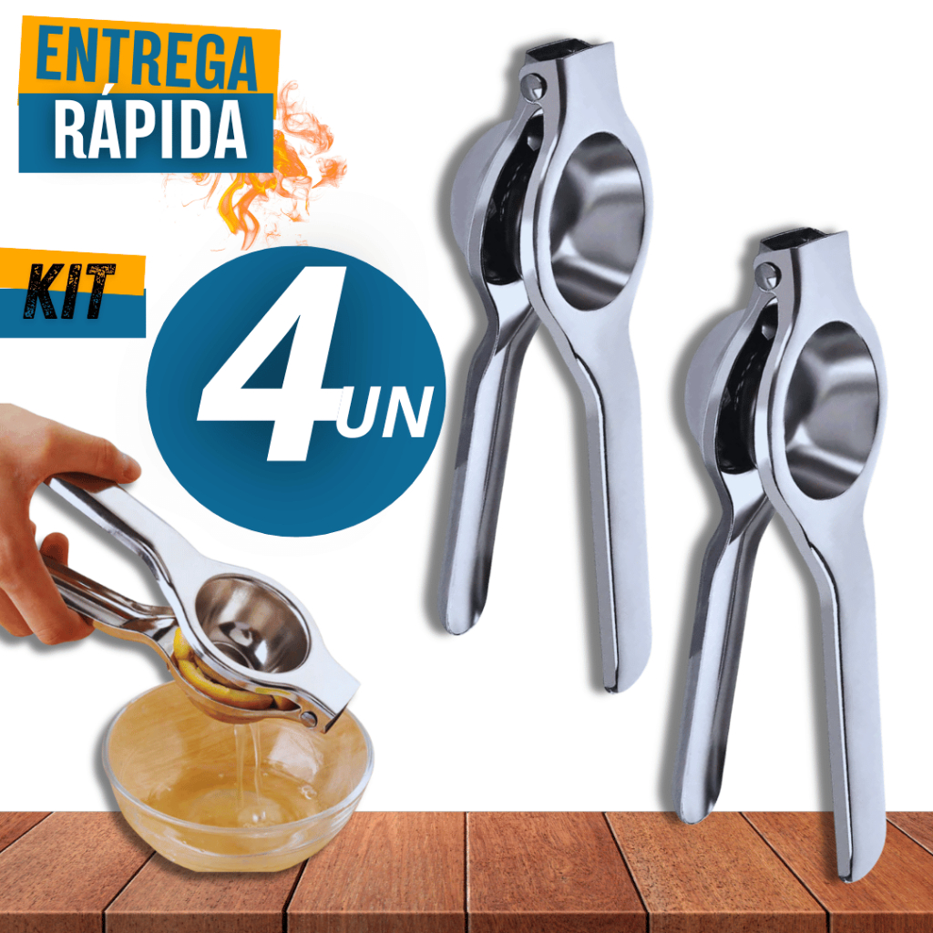 Conjunto 04 Peças - Espremedor de limão Manual Luxo Aço Inox Multiuso Variáveis Utilidades Premium