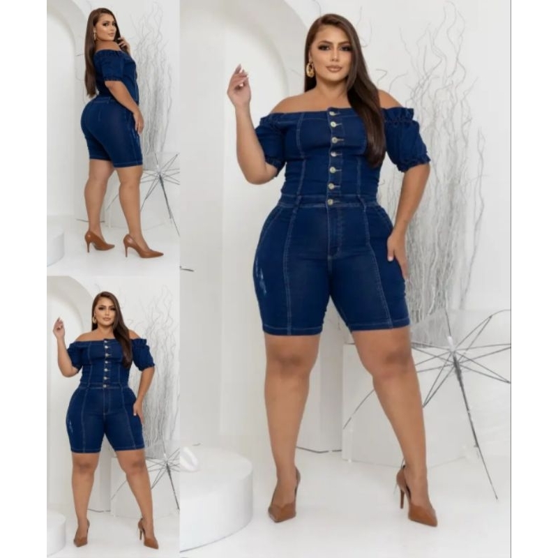 Macacão Short Jeans feminino com laycra Empina Bumbum Blusa Ciganinha Ombro a Ombro 46 ao 56