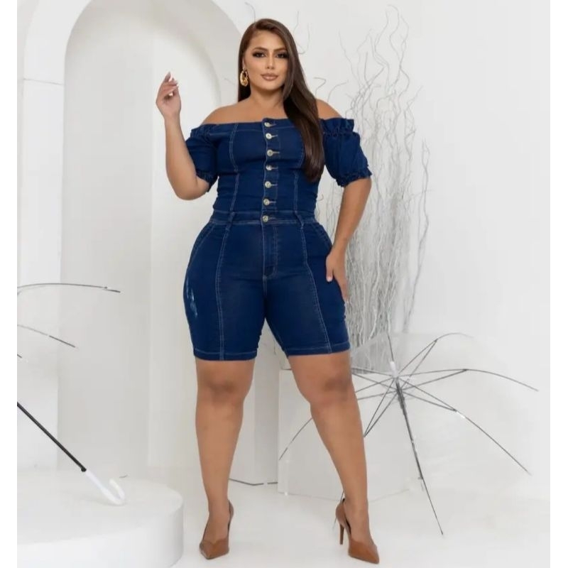 Macacão Short Jeans feminino com Laycra Blusa Plus Size Ciganinha Ombro a Ombro Blogueira Top