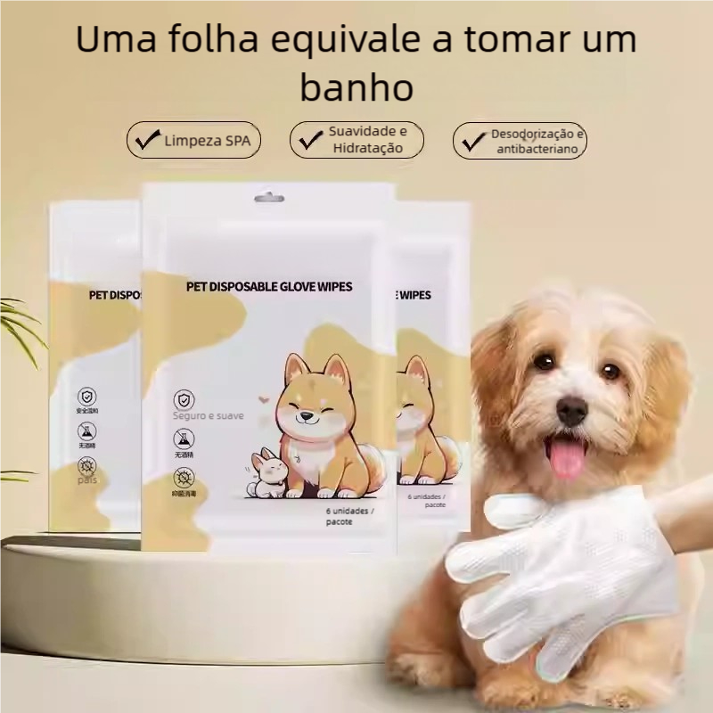 Luvas descartáveis para animais de estimação, toalhetes descartáveis para banho de cães e gatos, limpeza a seco, desodor