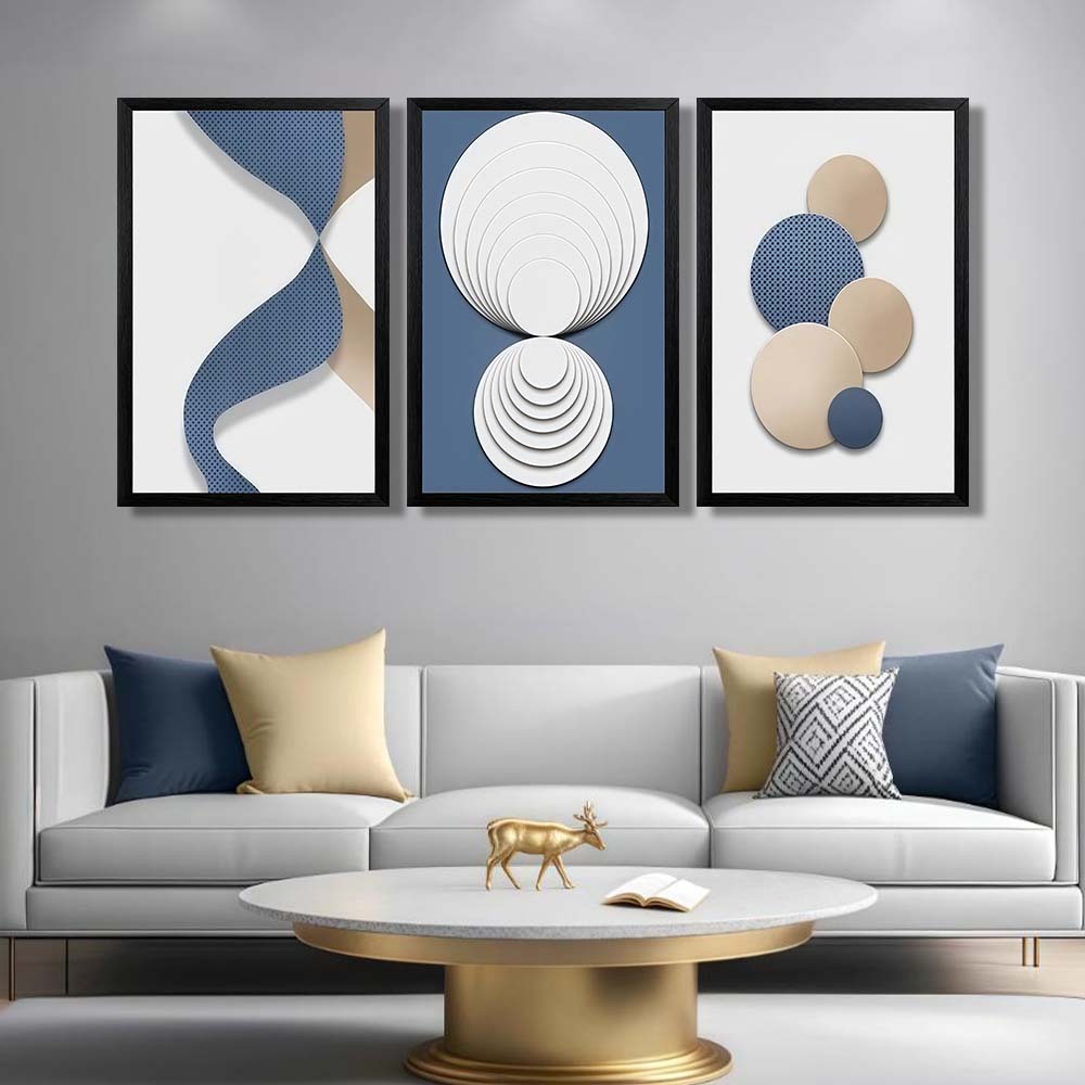 Kit 3 Quadros Decorativos Geométrico  Moderno  Decoração Casa Sala  Quarto  Hall peças Abstrato moderno azul branco ouro em Oferta na Shopee
